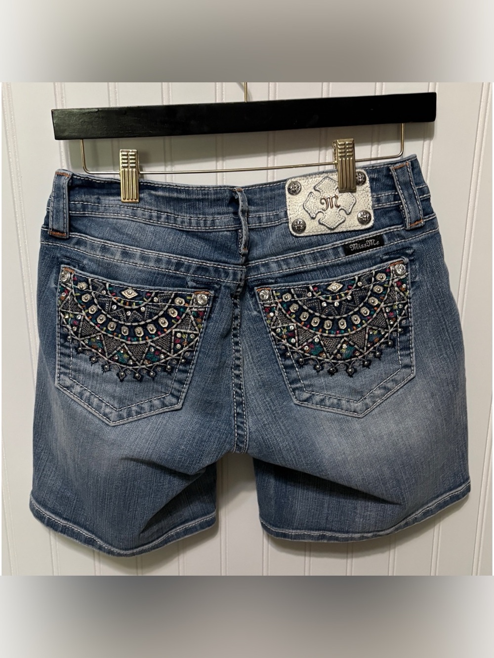 MISS ME Vintage Y2K Sunburst Color Bling Denim Blue Jean Shorts Womens Size 29